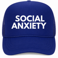 Social Anxiety Trucker Hat white on Royal Blue (LIMITED EDITION SUMMER 2026)