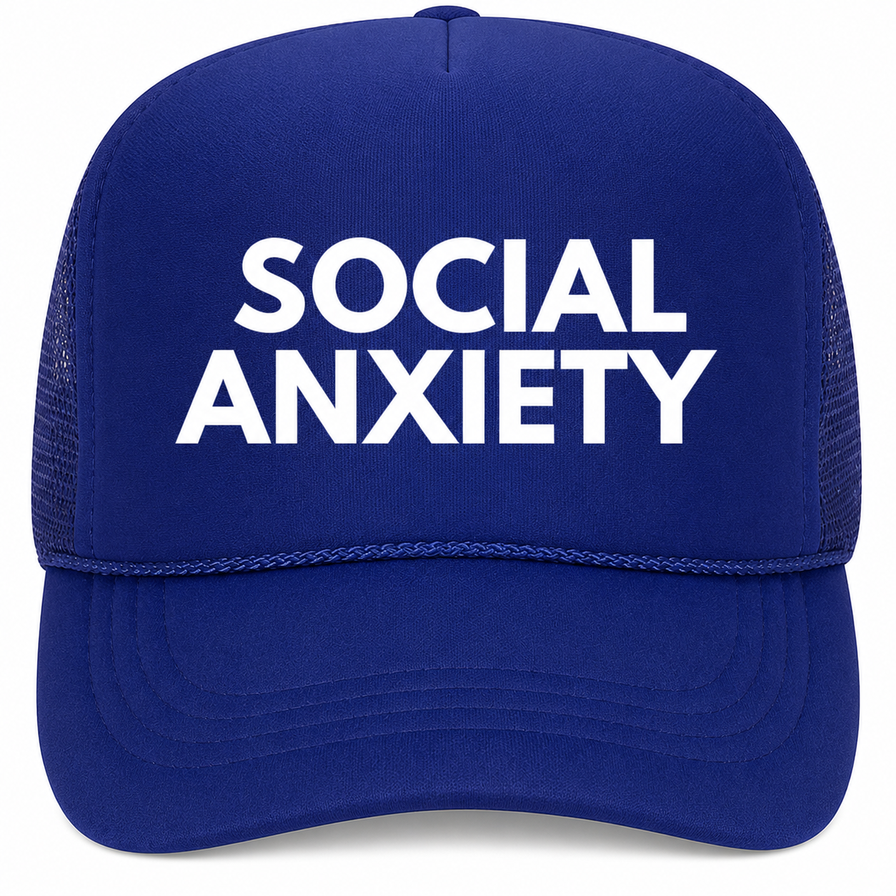 Social Anxiety Trucker Hat white on Royal Blue (LIMITED EDITION SUMMER 2026)